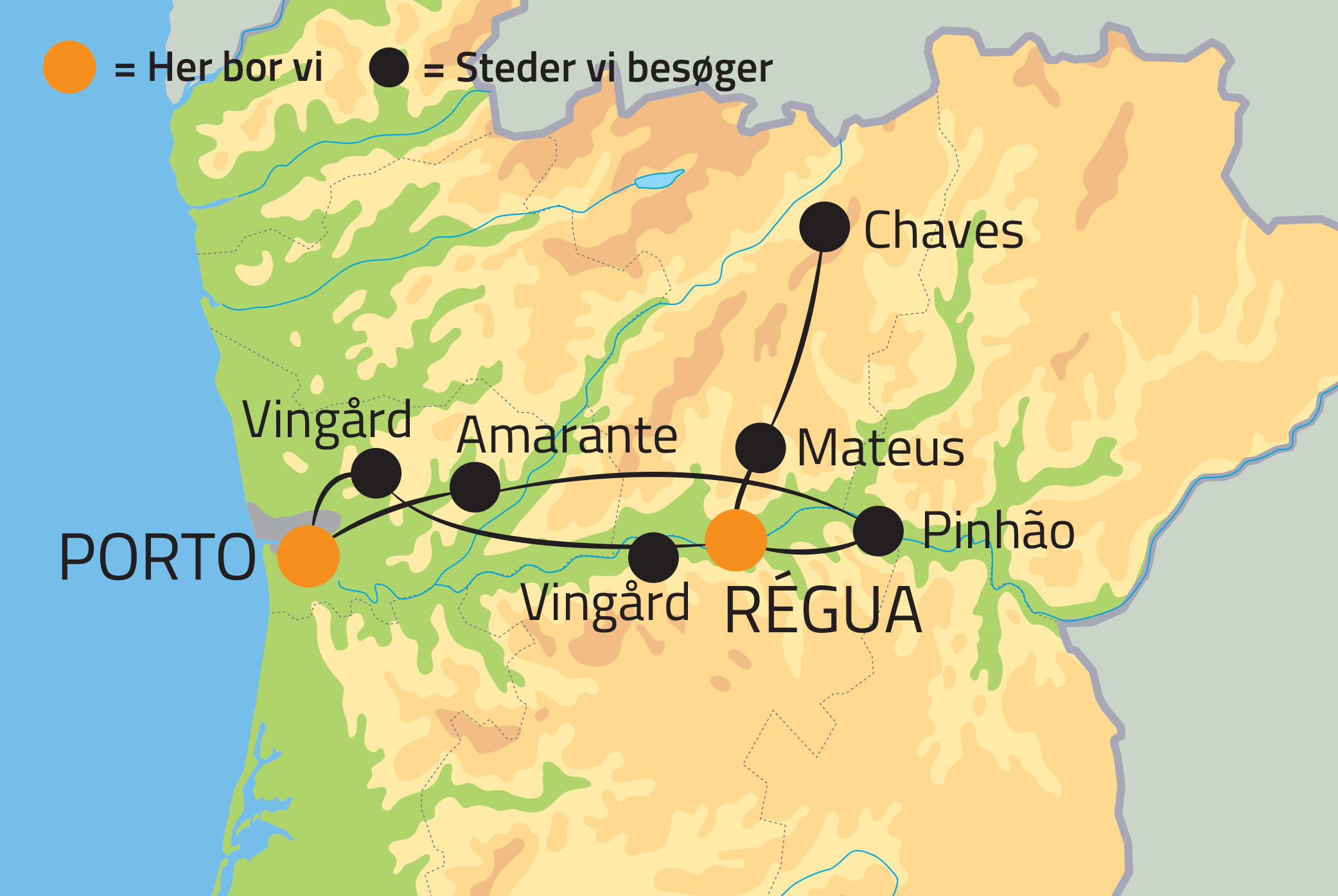 Kort over rejsen Porto og douro-dalens herligheder